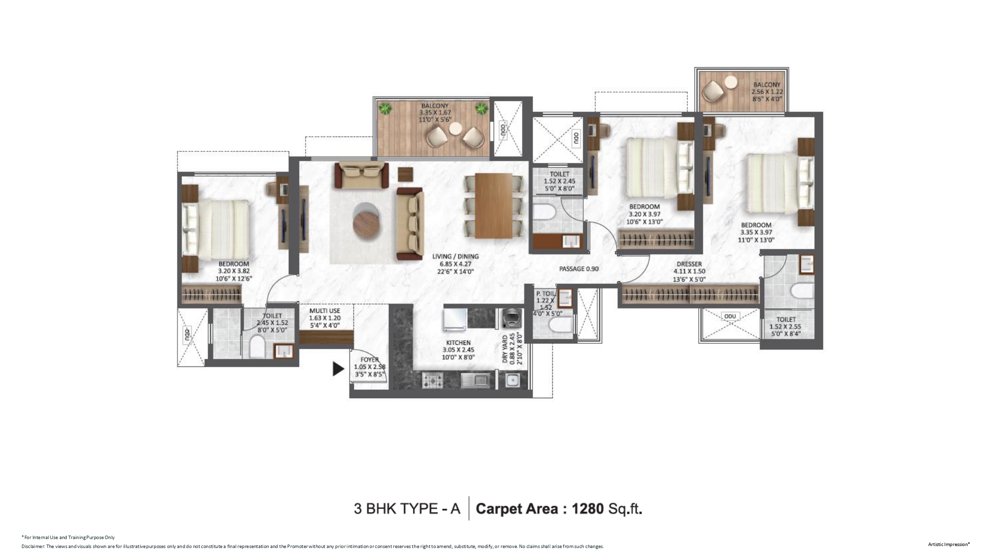 3 BHK Floor Plan Type B