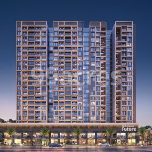 Aiswaryam Future evening facade and commercial showroom elevation view in Punawale