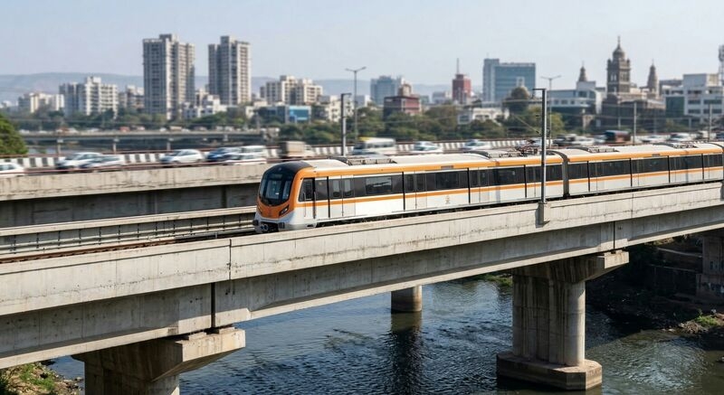 "Pune Metro train running on the bridge with the Pune city skyline in the background."