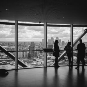 Investors discussing co-ownership of commercial property in an office overlooking a city skyline.