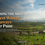11 Best Winter Getaways Near Pune road trip guide banner featuring green Western Ghats landscape and lake view.