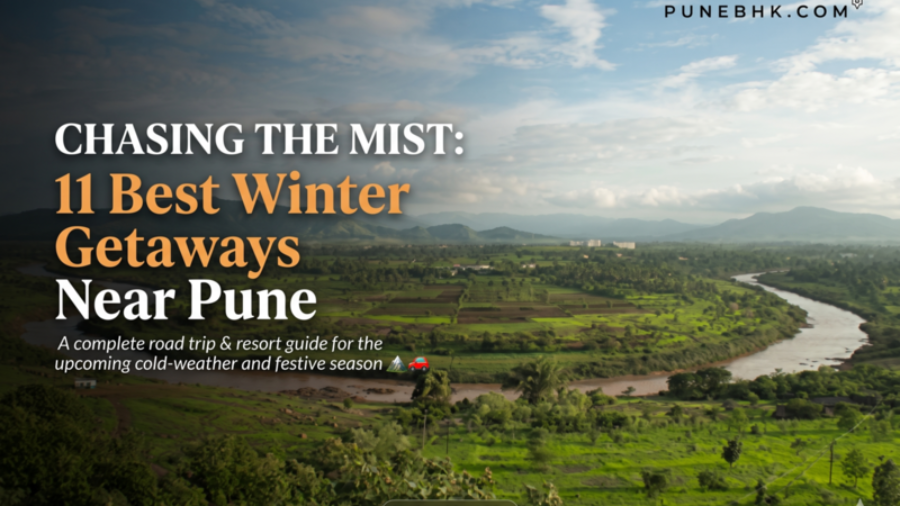11 Best Winter Getaways Near Pune road trip guide banner featuring green Western Ghats landscape and lake view.